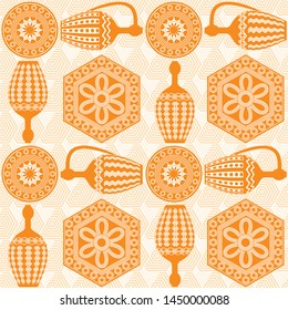 Seamless regular symmetrical pattern of two amphorae and plates. Dishes in Greek, Asian style. Egyptian motives. For printing on textiles, curtains, Wallpaper. For templates, cards and web design.