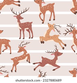 Seamless reindeer Christmas pattern, cute holiday fabric print for nursery textile and wrapping paper