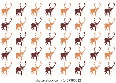 Seamless reindeer repeated pattern wrapping paper design. Wallpaper background. Mix of maroon red and brown color reindeers.