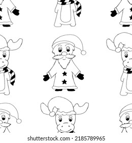 Seamless reindeer and santa claus pattern drawn black marker on white paper. Set of funny cartoon father christmas and animals. Christmas greeting card. Christmas concept. New year background.
