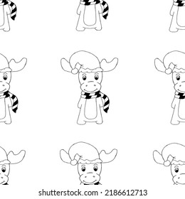 Seamless reindeers pattern drawn black marker on white paper background. Set of funny cartoon christmas animals. Christmas greeting card. Christmas concept. New year background.