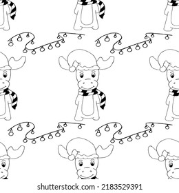 Patrón de renos sin foco con un marcador negro dibujado en el suelo de guirnalda sobre fondo de papel blanco. Conjunto de divertidos animales de navidad de caricaturas. Tarjeta de felicitación de Navidad. concepto de Navidad. Antecedentes de Año Nuevo.
