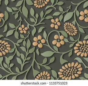 Seamless relief sculpture decoration pattern nature botanic garden yellow flower. Ideal for greeting card or backdrop template design