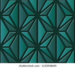 Seamless relief sculpture decoration retro pattern elegant green geometry polygon star cross triangle. Ideal for greeting card or backdrop template design