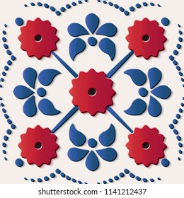 Seamless relief sculpture decoration retro pattern red round flower dot line kaleidoscope. Ideal for greeting card or backdrop template design