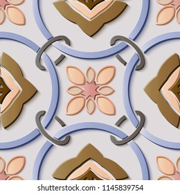 Seamless relief sculpture decoration retro pattern round cross frame chain flower. Ideal for greeting card or backdrop template design