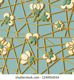 Seamless relief sculpture decoration retro pattern Japanese geometry cross gold frame line elegant plum blossom flower. Ideal for greeting card or backdrop template design