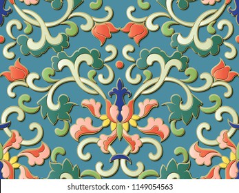Seamless relief sculpture decoration retro pattern Chinese botanic spiral curve vine leaf flower. Ideal for greeting card or backdrop template design
