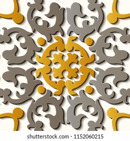 Seamless relief sculpture decoration retro pattern oriental spiral curve cross flower vine abstract kaleidoscope crest frame chain. Ideal for greeting card or backdrop template design