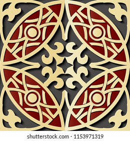 Seamless relief sculpture decoration retro pattern round curve cross frame chain royal crest kaleidoscope. Ideal for greeting card or backdrop template design