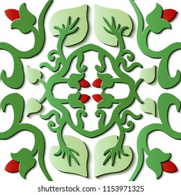 Seamless relief sculpture decoration retro pattern nature garden green leaf vine cross flower. Ideal for greeting card or backdrop template design