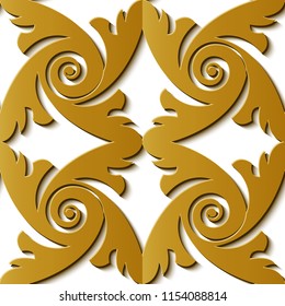 Seamless relief sculpture decoration retro pattern gold spiral vortex feather cross. Ideal for greeting card or backdrop template design