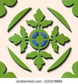 Seamless relief sculpture decoration retro pattern green round curve cross leaf frame. Ideal for greeting card or backdrop template design