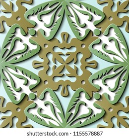 Seamless relief sculpture decoration retro pattern nature spiral curve cross vine leaf plant frame kaleidoscope. Ideal for greeting card or backdrop template design