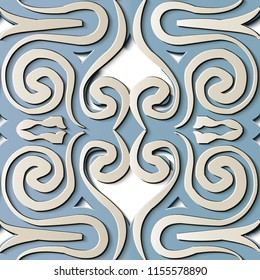 Seamless relief sculpture decoration retro pattern aboriginal spiral vortex curve cross frame vine kaleidoscope. Ideal for greeting card or backdrop template design