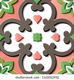 Seamless relief sculpture decoration retro pattern spiral curve cross frame flower kaleidoscope. Ideal for greeting card or backdrop template design