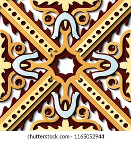 Seamless relief sculpture decoration retro pattern spiral wave curve cross frame chain geometry kaleidoscope crest. Ideal for greeting card or backdrop template design