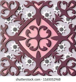 Seamless relief sculpture decoration retro pattern purple spiral curve cross plant frame vine flower. Ideal for greeting card or backdrop template design