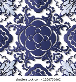Seamless relief sculpture decoration retro pattern round blue spiral curve cross leaf vine flower kaleidoscope. Ideal for greeting card or backdrop template design
