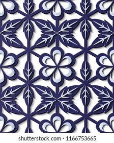 Seamless relief sculpture decoration retro pattern blue round curve cross polygon leaf flower. Ideal for greeting card or backdrop template design