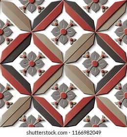 Seamless relief sculpture decoration retro pattern polygon geometry check cross flower kaleidoscope. Ideal for greeting card or backdrop template design