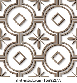 Seamless relief sculpture decoration retro pattern gold round cross check frame line flower. Ideal for greeting card or backdrop template design