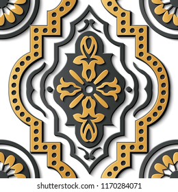 Seamless relief sculpture decoration retro pattern curve cross dot line round frame flower. Ideal for greeting card or backdrop template design