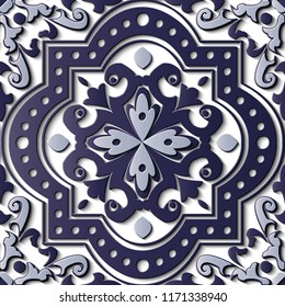 Seamless relief sculpture decoration retro pattern blue spiral curve cross dot line frame plant flower. Ideal for greeting card or backdrop template design