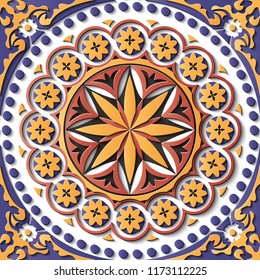 Seamless relief sculpture decoration retro pattern round spiral curve cross dot line frame flower kaleidoscope. Ideal for greeting card or backdrop template design