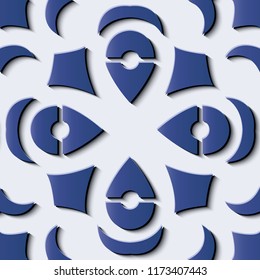 Seamless relief sculpture decoration retro pattern blue curve cross geometry kaleidoscope. Ideal for greeting card or backdrop template design