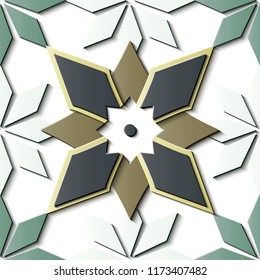 Seamless relief sculpture decoration retro pattern elegant star polygon geometry cross flower kaleidoscope. Ideal for greeting card or backdrop template design