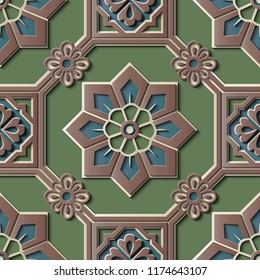 Seamless relief sculpture decoration retro pattern octagon geometry check square cross frame star flower lattice. Ideal for greeting card or backdrop template design