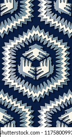 Seamless relief sculpture decoration retro pattern blue polygon geometry sawtooth cross frame. Ideal for greeting card or backdrop template design