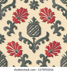 Seamless relief sculpture decoration retro pattern spiral curve cross leaf flower. Ideal for greeting card or backdrop template design