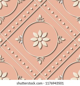 Seamless relief sculpture decoration retro pattern pink round cross dot line frame flower. Ideal for greeting card or backdrop template design