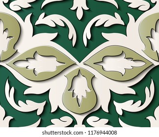 Seamless relief sculpture decoration retro pattern leaf curve cross abstract kaleidoscope. Ideal for greeting card or backdrop template design