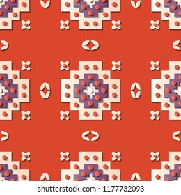 Seamless relief sculpture decoration retro pattern check geometry cross round dot kaleidoscope. Ideal for greeting card or backdrop template design