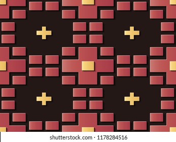 Seamless relief sculpture decoration retro pattern red brick geometry cross frame kaleidoscope. Ideal for greeting card or backdrop template design