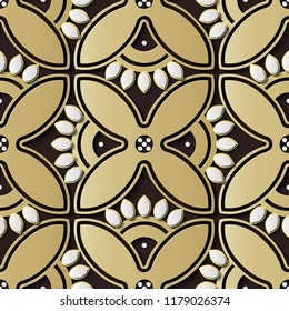 Seamless relief sculpture decoration retro pattern brown round curve cross flower petals. Ideal for greeting card or backdrop template design