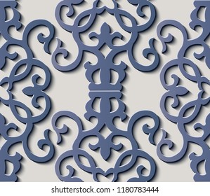 Seamless relief sculpture decoration retro pattern spiral curve cross blue frame vine crest. Ideal for greeting card or backdrop template design