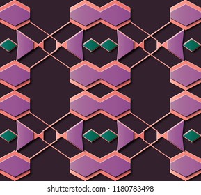 Seamless relief sculpture decoration retro pattern puprle geometry polygon cross frame line kaleidoscope. Ideal for greeting card or backdrop template design