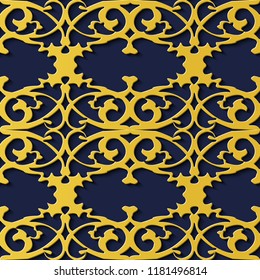 Seamless relief sculpture decoration retro pattern spiral curve cross gold luxury frame crest. Ideal for greeting card or backdrop template design