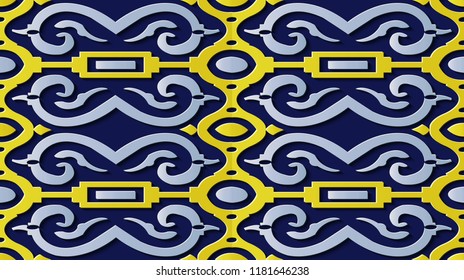 Seamless relief sculpture decoration retro pattern spiral round curve cross frame chain. Ideal for greeting card or backdrop template design
