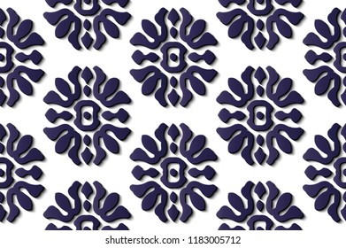 Seamless relief sculpture decoration retro pattern blue spiral curve cross frame flower kaleidoscope. Ideal for greeting card or backdrop template design