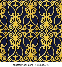 Seamless relief sculpture decoration retro pattern gold spiral curve cross frame vine plant leaf flower kaleidoscope. Ideal for greeting card or backdrop template design