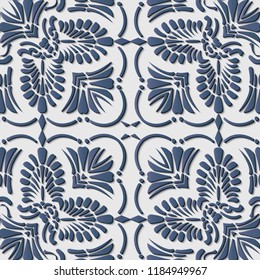 Seamless relief sculpture decoration retro pattern elegant blue curve cross botanic leaf frame vine line. Ideal for greeting card or backdrop template design