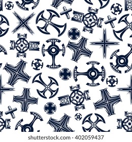 Seamless religious crucifix pattern with blue ancient celtic and canterbury, coptic and catholic crosses over white background. Religion, history theme or print design 