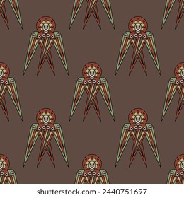 Seamless religious pattern with four winged angels or cherubs. On brown background.