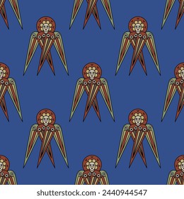 Seamless religious pattern with four winged angels or cherubs. On blue background.