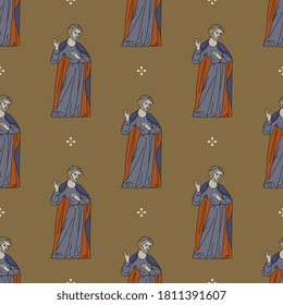 Seamless religious pattern with medieval Christian saints.